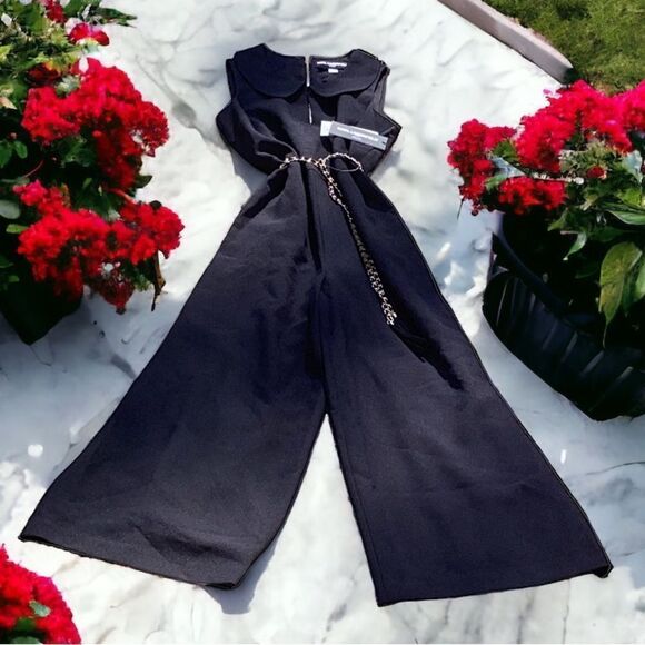 KARL LAGERFELD NWT SLEEVELESS CREPE JUMPSUIT BLACK SIZE 10 CROPPED WIDE LEG - Picture 2 of 8